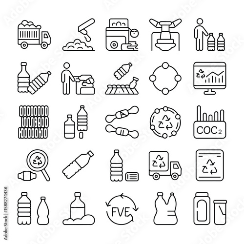 Collection of Line Art Icons Depicting Plastic Bottle Recycling Process from Collection Transportation to Sorting and Reprocessing into New Products Including F V E and C O C2