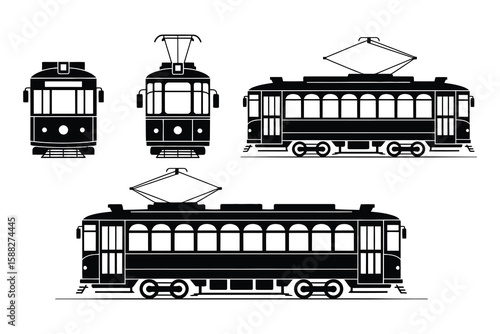 Black silhouette of vintage trams and trolleybus public transport