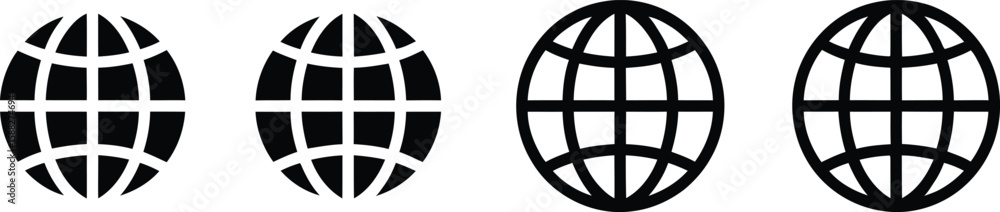 Four black globe icons with varying segmentations world Four black globe icons with varying segmentations world