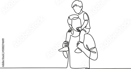Father carrying son on shoulders continuous line drawing