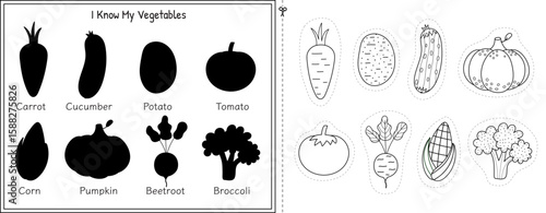 Match the vegetable black and white activity sheet for kids. Matching game in outline for school and preschool. Learning vegetables for toddlers. Cut and glue worksheet. Vector illustration