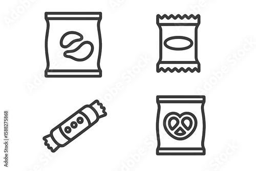Variety of snack packets including nuts, pretzels, and candy arranged on a neutral background for a simple display