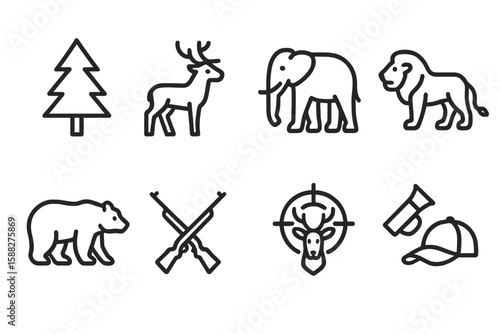 Wildlife symbols representing forest animals, hunting tools, and nature conservation activities in a simple linear design