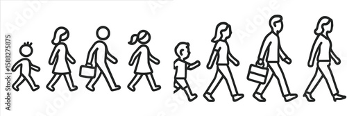 Evolution of people walking in a line with varying ages and styles in a simplistic design