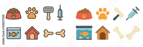 Various pet care icons representing food, grooming, health, and habitats for animals in colorful design