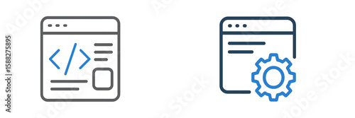 Graphic icons representing web development and debugging process in a digital workspace