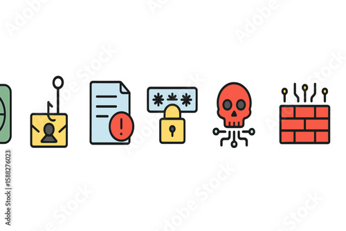 Cybersecurity icons representing various digital threats and protective measures in a modern digital landscape