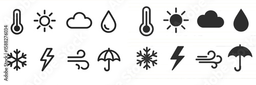 Weather icons displaying various conditions such as sun, rain, snow, and wind in a minimalist design