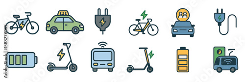 Electric vehicles and transportation modes illustrated in various styles for eco-friendly travel