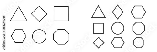 Various geometric shapes displayed in a grid format showcasing triangles, squares, and circles in an organized arrangement