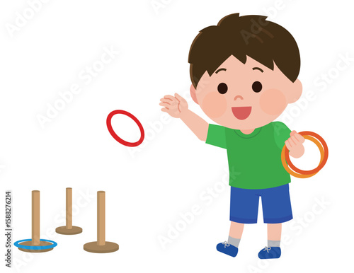 輪投げをして遊ぶ男の子　イラスト
