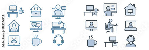 Digital workspace elements illustrating remote work scenarios and online communication tools