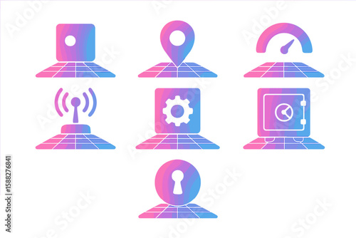 Colorful icons representing technology concepts displayed on a grid background in a modern style