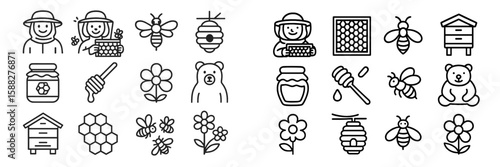 Illustrations of beekeeping, honey production, and nature elements showcasing bees, honey, and flowers in a simple line art style