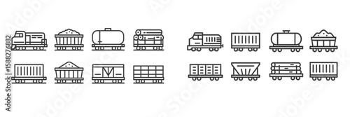 Diverse freight train icons representing various cargo types in a simple line art style