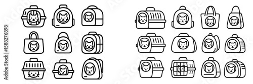 Designs of pet carriers and bags featuring cat illustrations for pet travel and safety