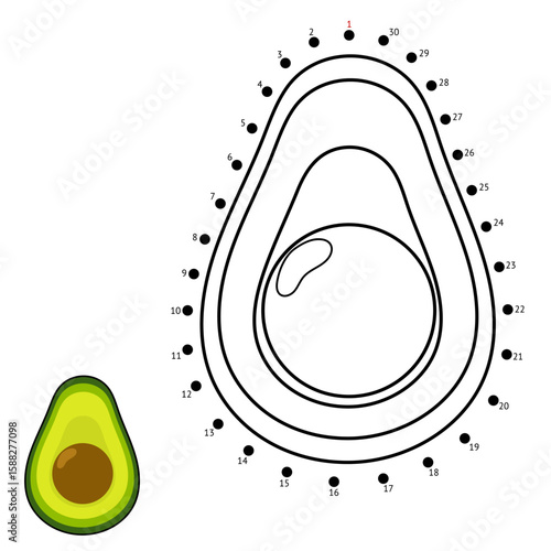 Dot to dot game for kids. Connect the dots and draw an avocado. Healthy food puzzle activity page. Vector illustration