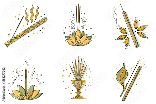 Incense stick icon set for blogs, websites, clipart, meditation, relaxation, spiritual, wellness, educational and awareness materials, presentations