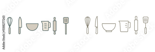 Collection of kitchen utensils and tools arranged for cooking and baking in a modern kitchen setting