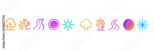 Nature-inspired graphic featuring colorful icons representing trees, animals, and cosmic elements in a bright gradient design