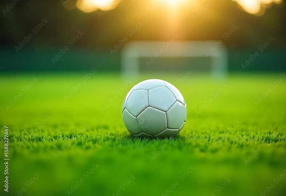 Fototapeta premium Generative AI Lone Soccer Ball on Lush Green Field at Golden Hour Sunset