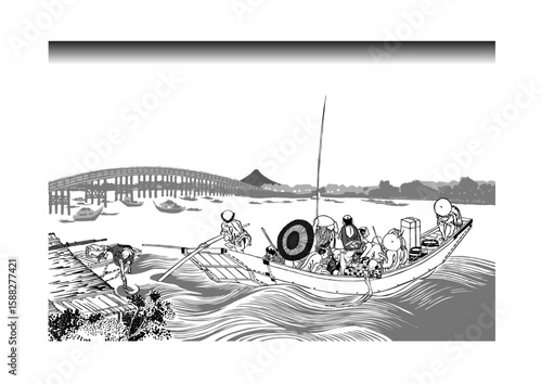 御厩川岸ゟ両國橋夕陽見　線画