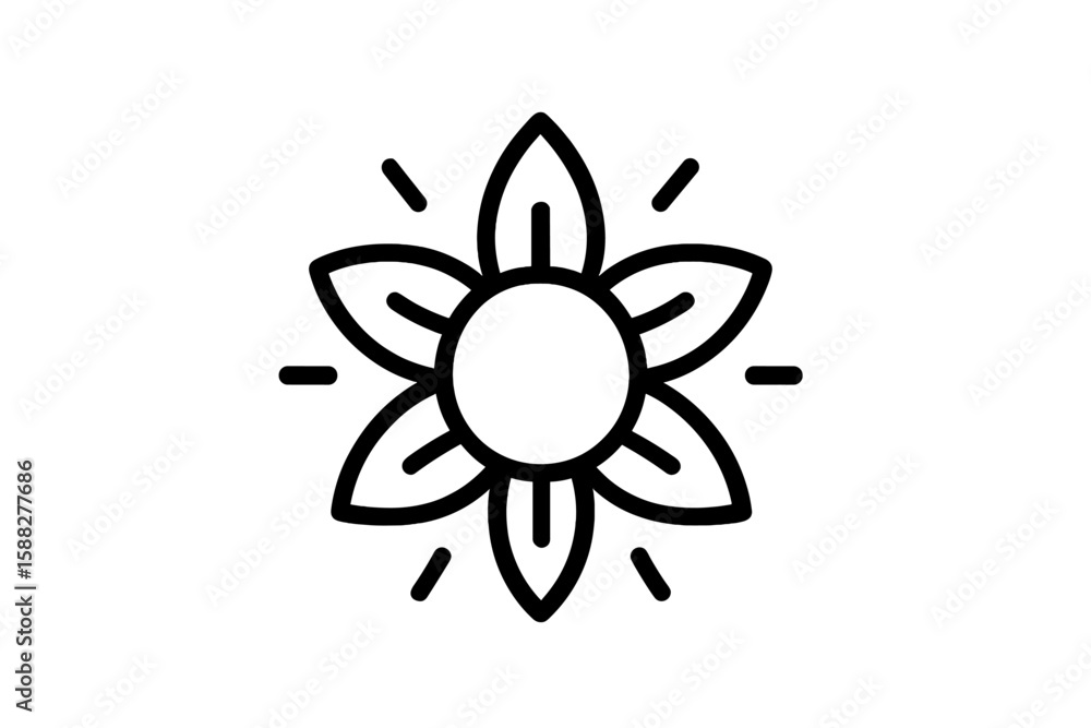 Floral sun symbol surrounded by rays representing warmth and energy in a minimalist style Floral sun symbol surrounded by rays representing warmth and energy in a minimalist style