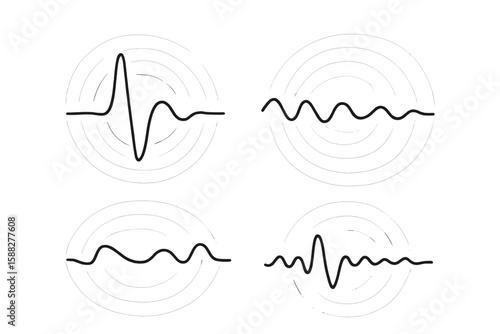Various wave patterns are depicted, showcasing different forms of sound and signal representation in a minimalist style