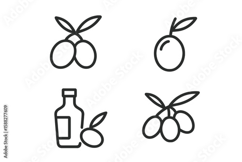 Olive icons representing various stages of olive processing and oil production for culinary uses