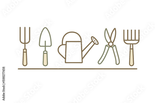 Gardening tools lined up on a shelf ready for planting and outdoor activities in a sunny garden setting