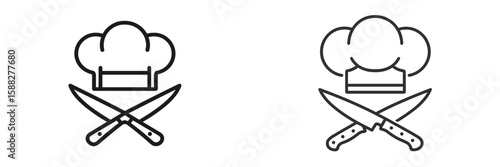 Stylized chef hat and crossed knife icons depicting culinary arts and cooking creativity in a minimalist design suitable for various applications
