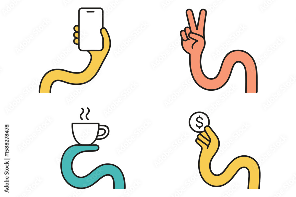 Fototapeta premium Creative hand illustrations showcasing modern activities like texting, peace sign, enjoying coffee, and holding money