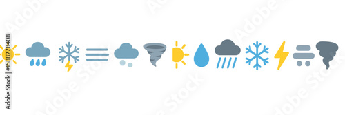 Weather symbols display different conditions such as rain, snow, thunder, and tornadoes in a clear sequence