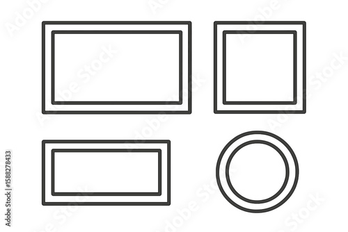 Different shapes and sizes of picture frames displayed in a simple arrangement on a white background emphasizing their design