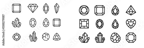 Various geometric and crystal shapes in black line art suitable for design inspiration