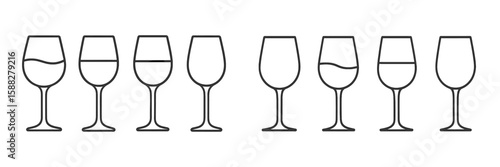 Different stages of wine glasses lined up on a table representing various levels of wine consumption