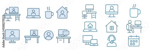 Creative icons depicting remote work and home office setups in various arrangements and styles for digital communication and productivity