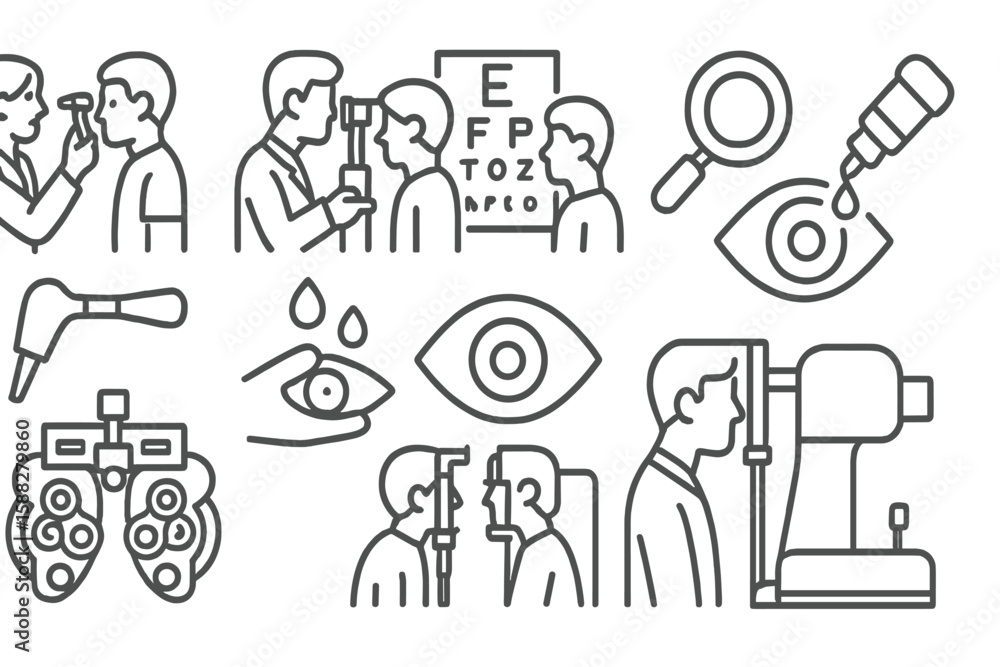 Fototapeta premium Eye examination process in a clinic showing various diagnostic equipment and interactions between patients and doctors