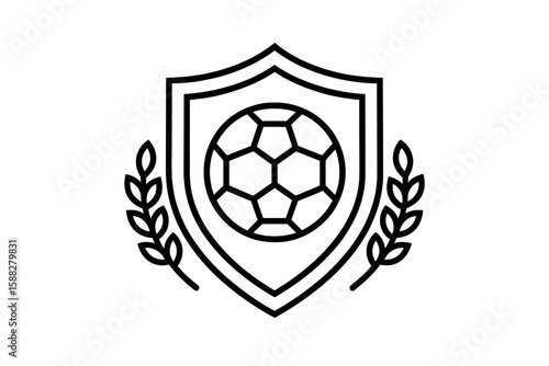 Shield design featuring a soccer ball and laurel wreaths representing sportsmanship and competition