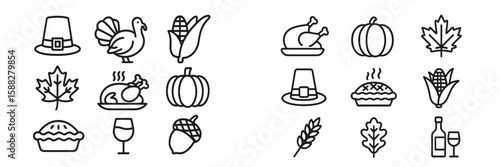 Thanksgiving icons and symbols representing harvest, food, and celebration traditions