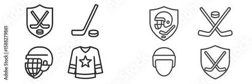 Collection of line art icons showcasing hockey and football sports equipment and symbols in a clean, minimalist design