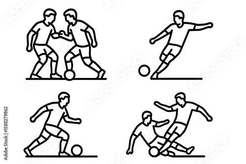 Soccer players engaging in various actions during a competitive match on a grassy field