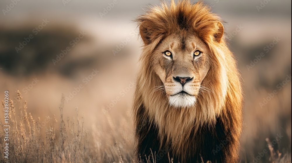 Majestic Lion with Golden Mane in Intense Stare, Against Ethereal Savannah Backdrop Majestic Lion with Golden Mane in Intense Stare, Against Ethereal Savannah Backdrop