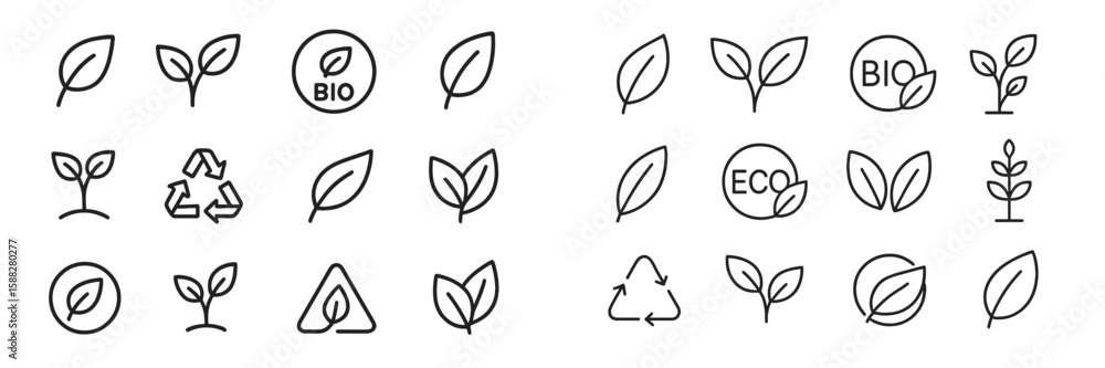 Collection of minimalist leaf and eco-themed icons showcasing sustainability and nature elements for design projects Collection of minimalist leaf and eco-themed icons showcasing sustainability and nature elements for design projects