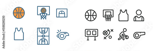 Basketball icons and symbols illustrating game elements and equipment used in sports activities and coaching strategies