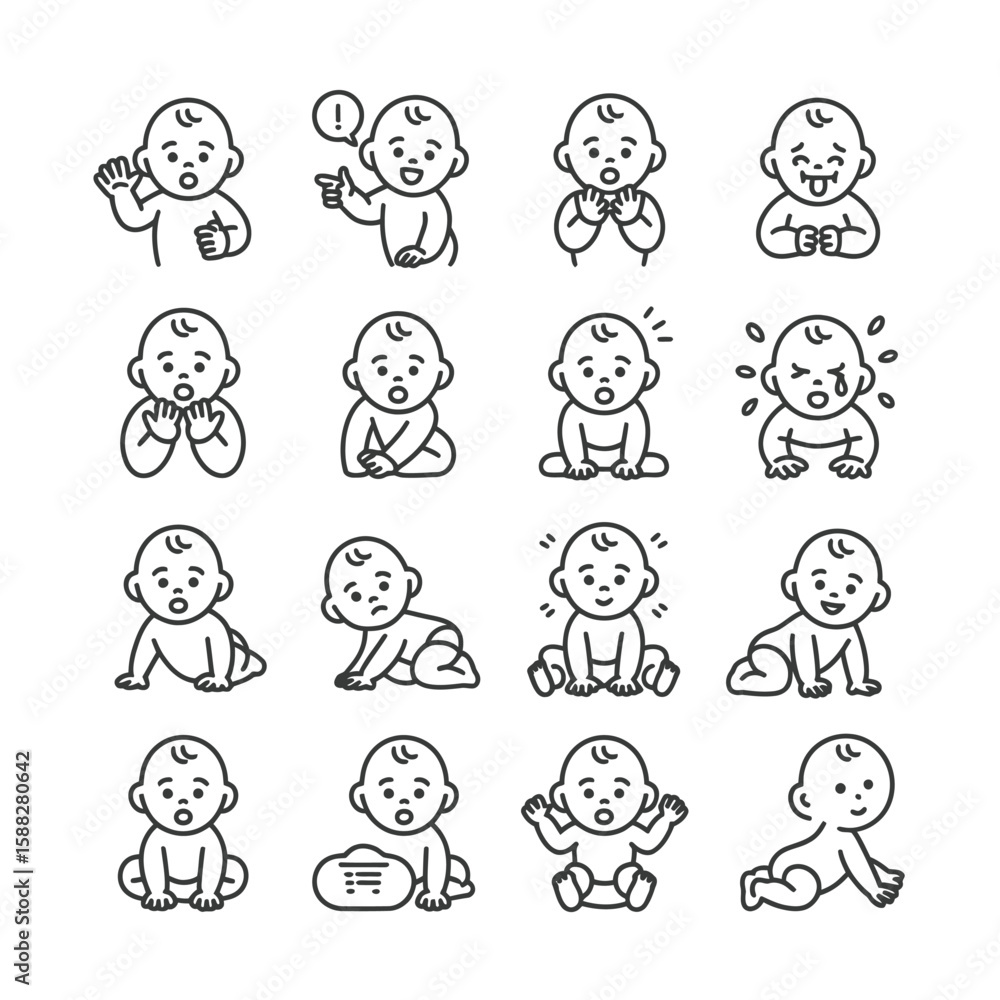 Sixteen Black and White Line Drawings of Babies Displaying Various Expressions and Actions Including Sitting Crawling Crying and Playing Sixteen Black and White Line Drawings of Babies Displaying Various Expressions and Actions Including Sitting Crawling Crying and Playing
