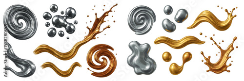 Texture patterns of metallic paint swirling and splattering in silver and gold tones on a white background