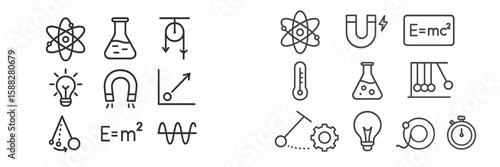 Science and education symbols featuring various concepts like energy, physics, and chemistry in a minimalist design