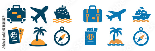 Travel icons representing adventure and exploration through various modes of transportation and destinations