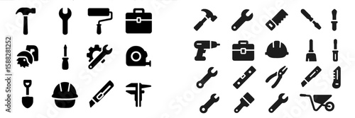 Collection of construction and repair tools arranged in a structured layout for easy identification and use in various projects